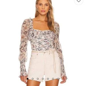 FREE PEOPLE ‘Brunch Date’ Cream Floral Bodysuit -long puffy-shoulder sleeves XL